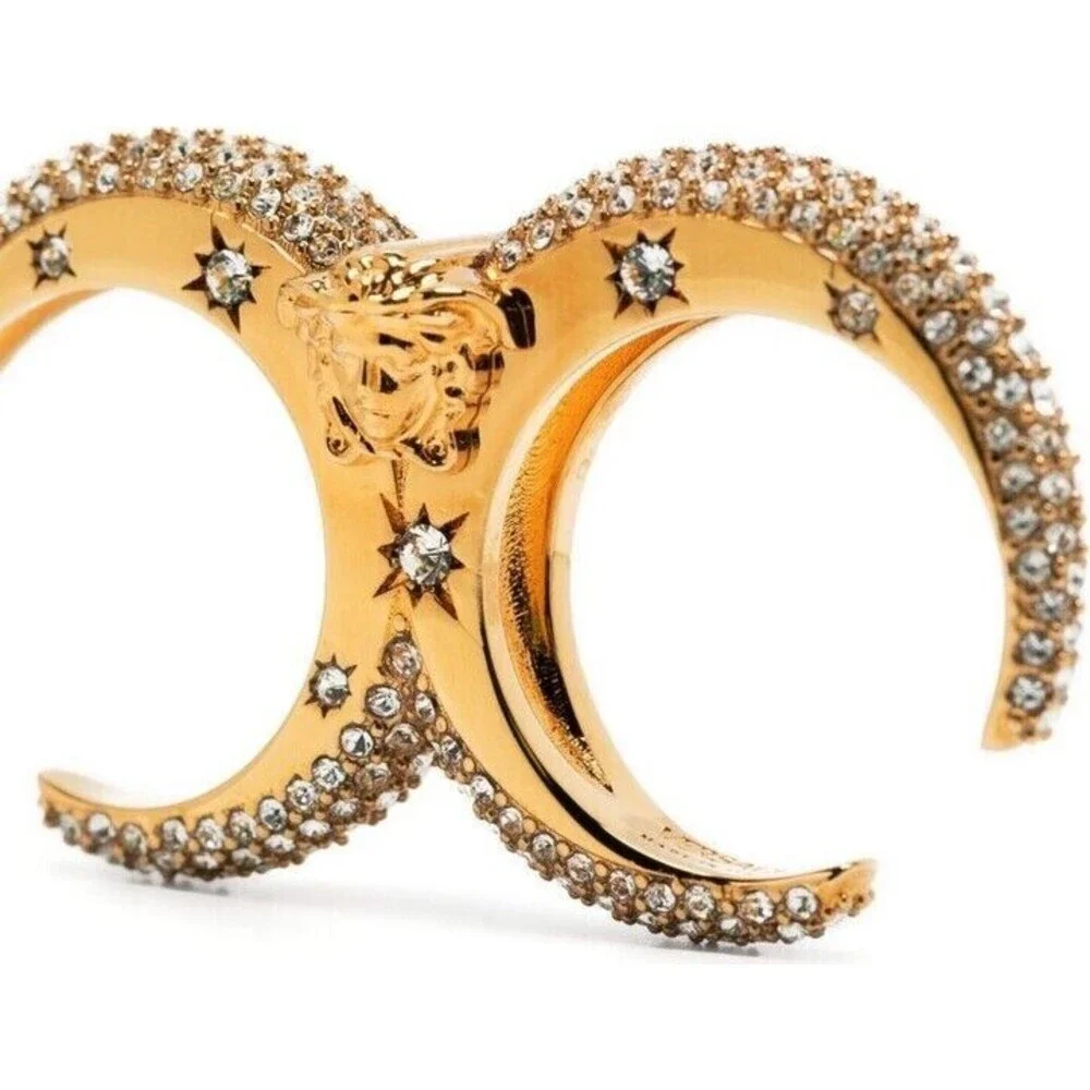 Versace Galaxy Medusa Crystal Engraved Cuff Double Ring Gold Tone Sz M NWT $525